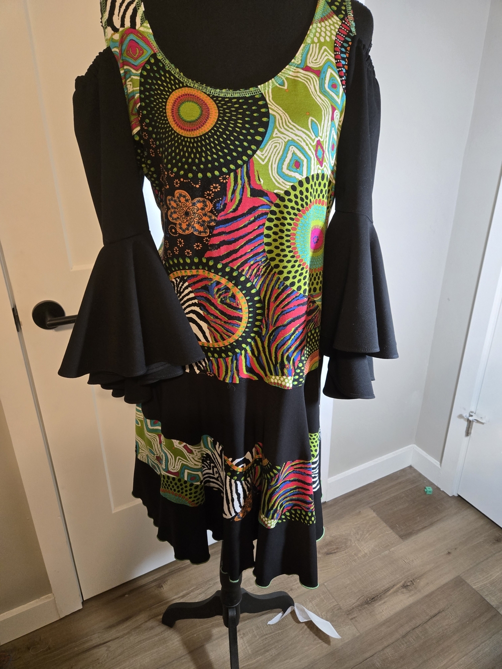 Joseph Ribkoff Cold Shoulder Tiered Bell Sleeve Zebra Mixed Print Dress 12